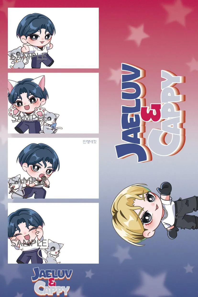 JaeLuv & Cappyのイラスト画像。様々なポーズをとったキャラクターが描かれており、猫のキャラクターも登場する。背景には星模様が描かれている。