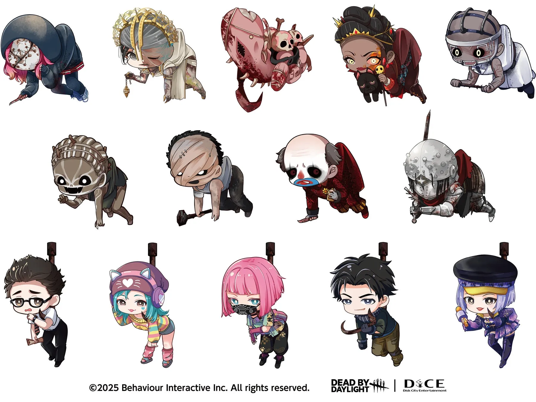 Dead by Daylightのキャラクターが描かれたイラスト。可愛らしいデフォルメされたスタイルで、各キャラクターの特徴が捉えられています。