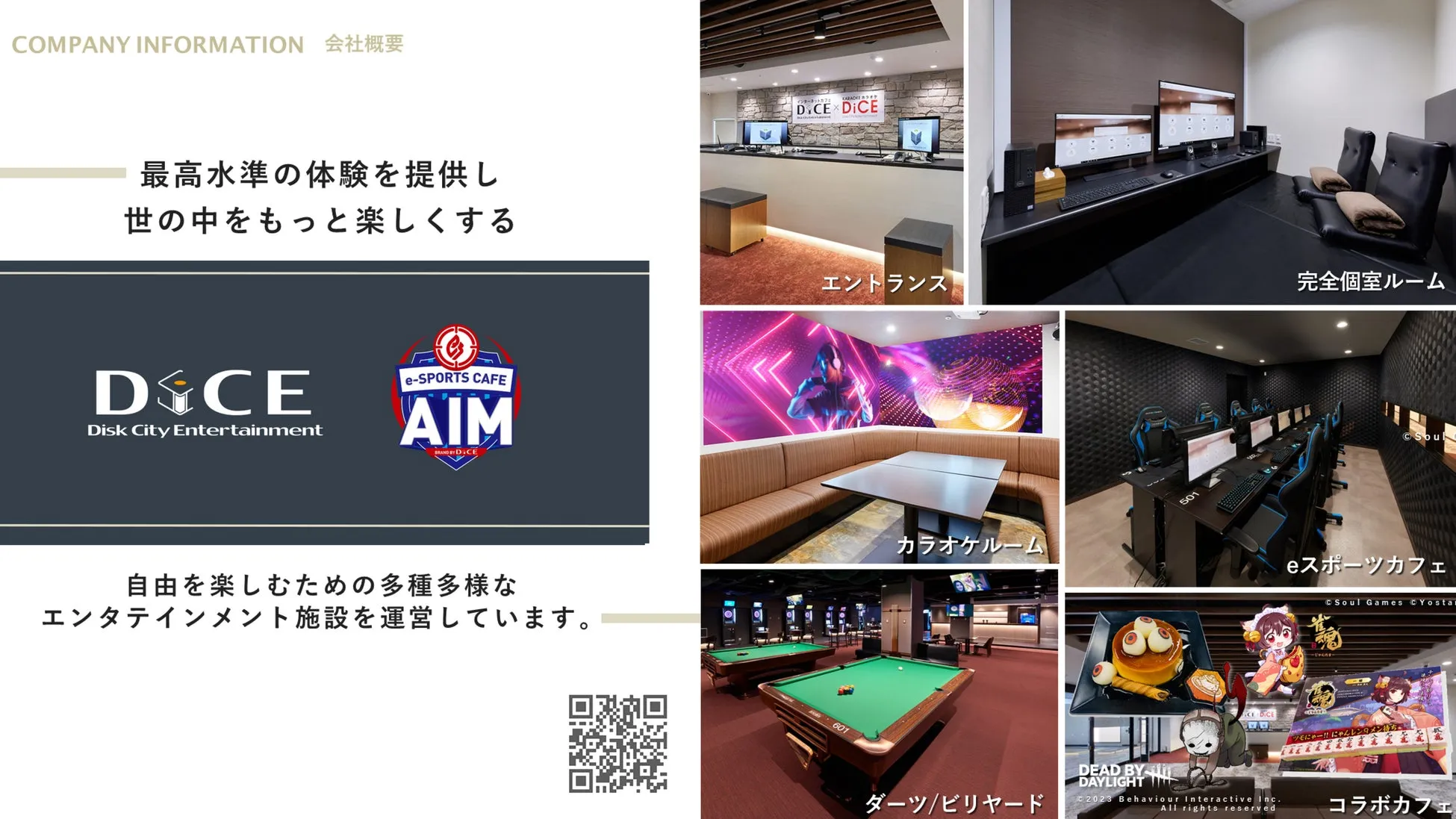 DICEというエンターテイメント施設の紹介画像。eスポーツカフェ、カラオケルーム、ダーツ/ビリヤード、コラボカフェなど、様々な施設が紹介されている。