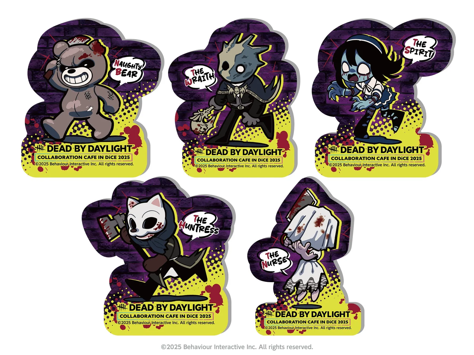 Dead by Daylightのコラボカフェのグッズと思われる、キャラクターが描かれたカードのセット。各カードには、ナウティベア、レイス、スピリット、ハントレス、ナースがそれぞれ描かれている。