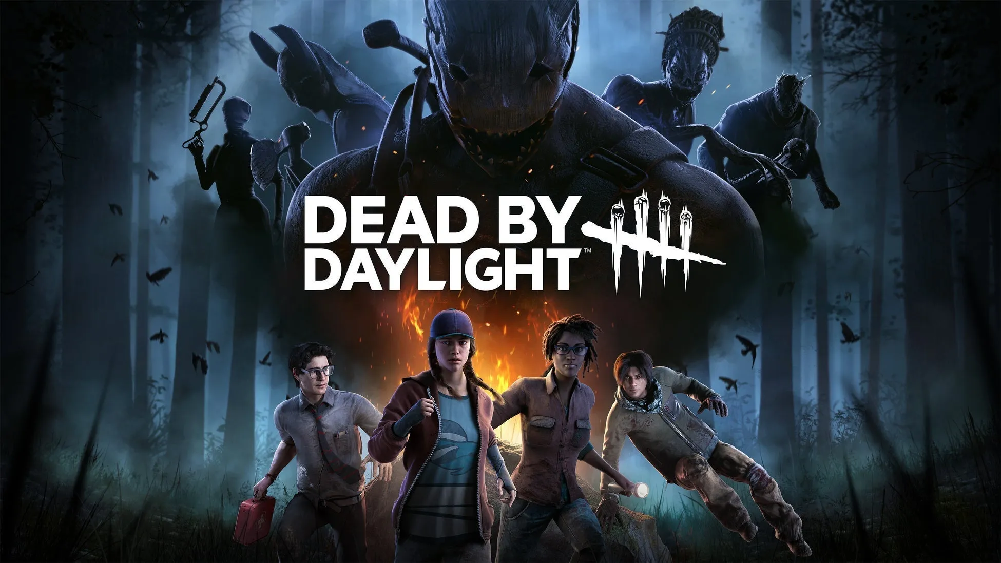 Dead by Daylightのゲームのポスター。ゲームのキャラクターとロゴが描かれている。