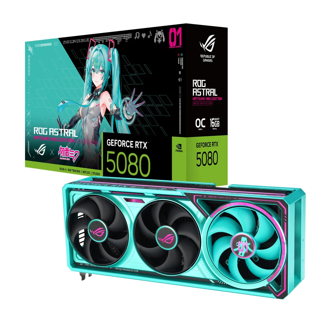 Hatsune MikuコラボのGeForce RTX 5080グラフィックボードの画像。製品箱には初音ミクのイラストが描かれており、グラフィックボード本体もミクをイメージした色で装飾されている。