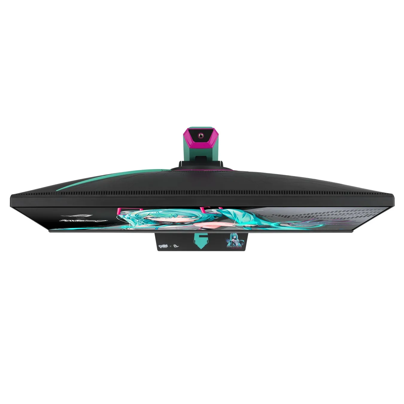 ゲーミングモニターの俯瞰図。モニターには初音ミクのイラストが描かれています。