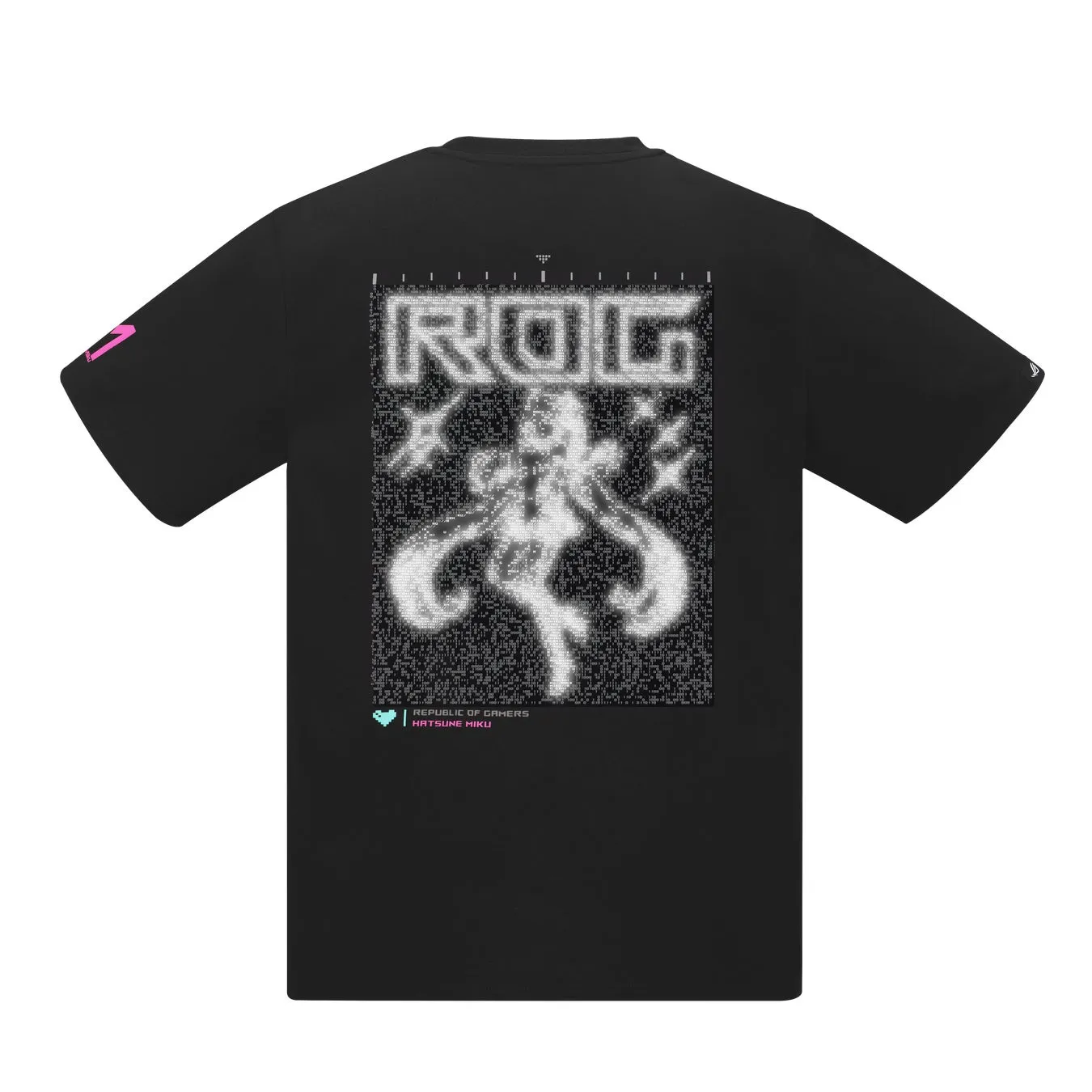 黒いTシャツに、ROGのロゴと初音ミクのイラストが描かれています。