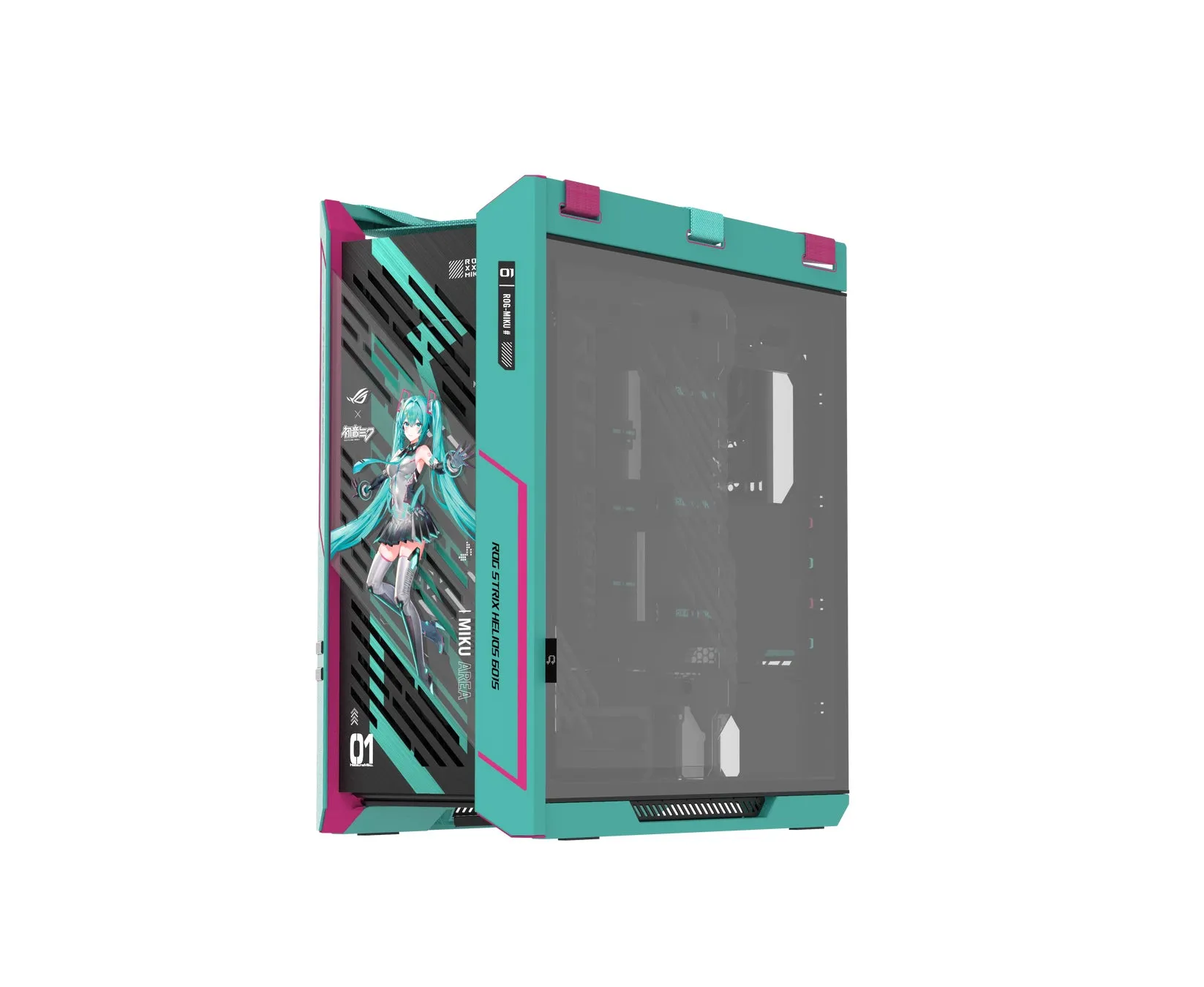 初音ミクをテーマにしたPCケースの画像です。ケースは、水色とピンクの色使いで、前面には初音ミクのイラストが描かれています。