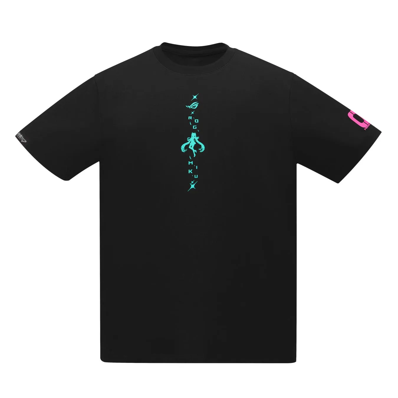 黒いTシャツに初音ミクのグラフィックとROGのロゴがプリントされています。