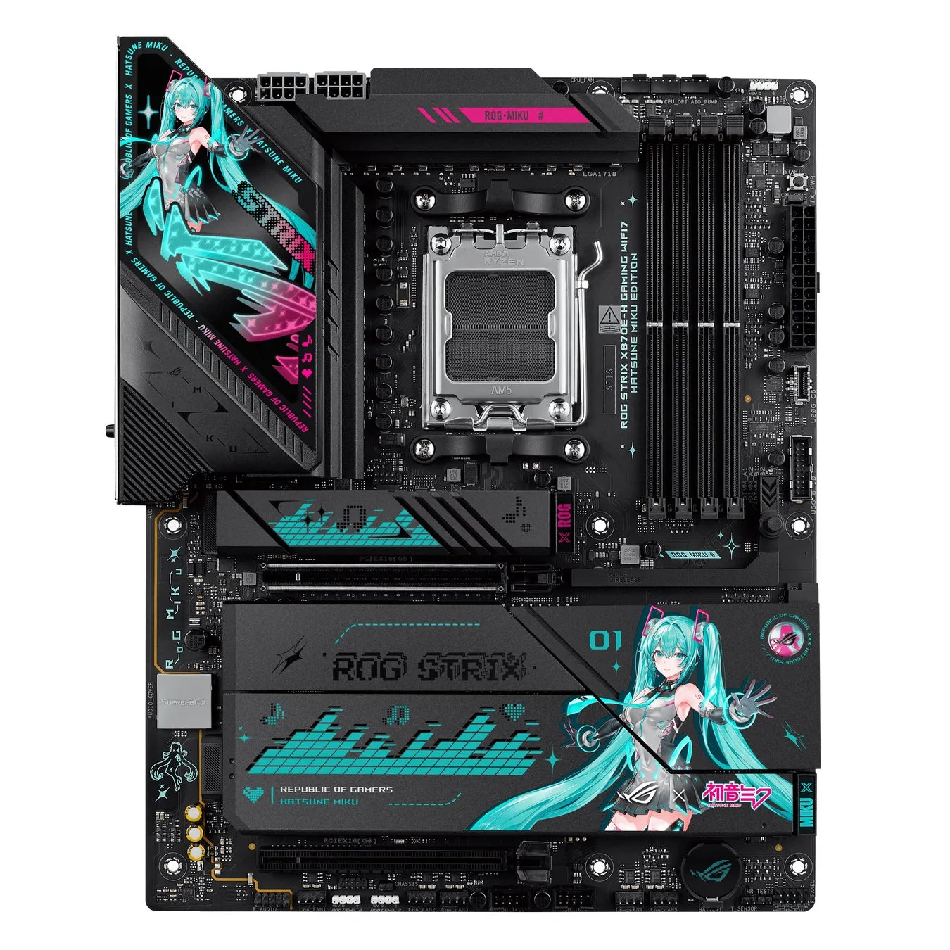 ASUS ROG Strix X870E-H Gaming WiFi 7 Hatsune Miku Editionのマザーボード。初音ミクのイラストが特徴的で、ゲーマー向けに設計されている。