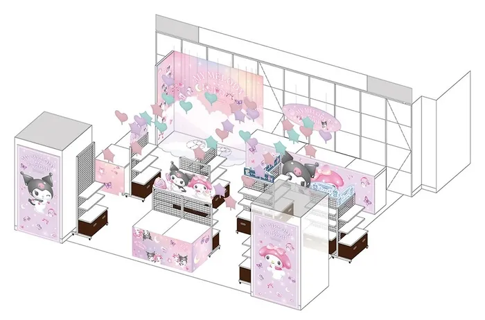 マイメロディとクロミのキャラクターグッズが展示されている店舗のイラスト