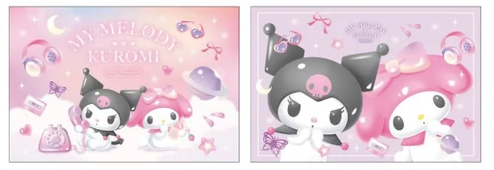マイメロディとクロミのイラスト。ピンクを基調とした背景に、ヘッドホン、蝶、リボン、月、星などが描かれています。