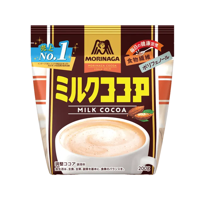 森永ミルクココアのパッケージ。ココアのイラストと商品名、健康を意識したキャッチコピーが記載されている。