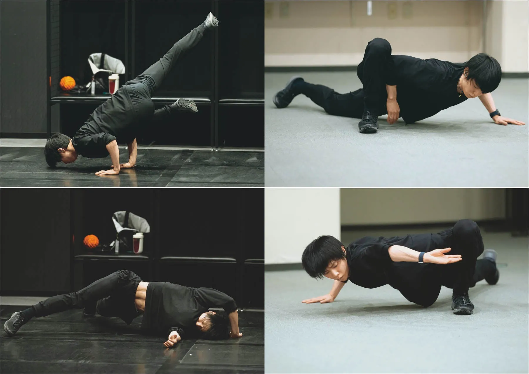 男性がダンスの練習をしている様子を捉えた4枚の写真。彼は黒い服を着ており、床の上で様々なダンスのポーズをとっている。