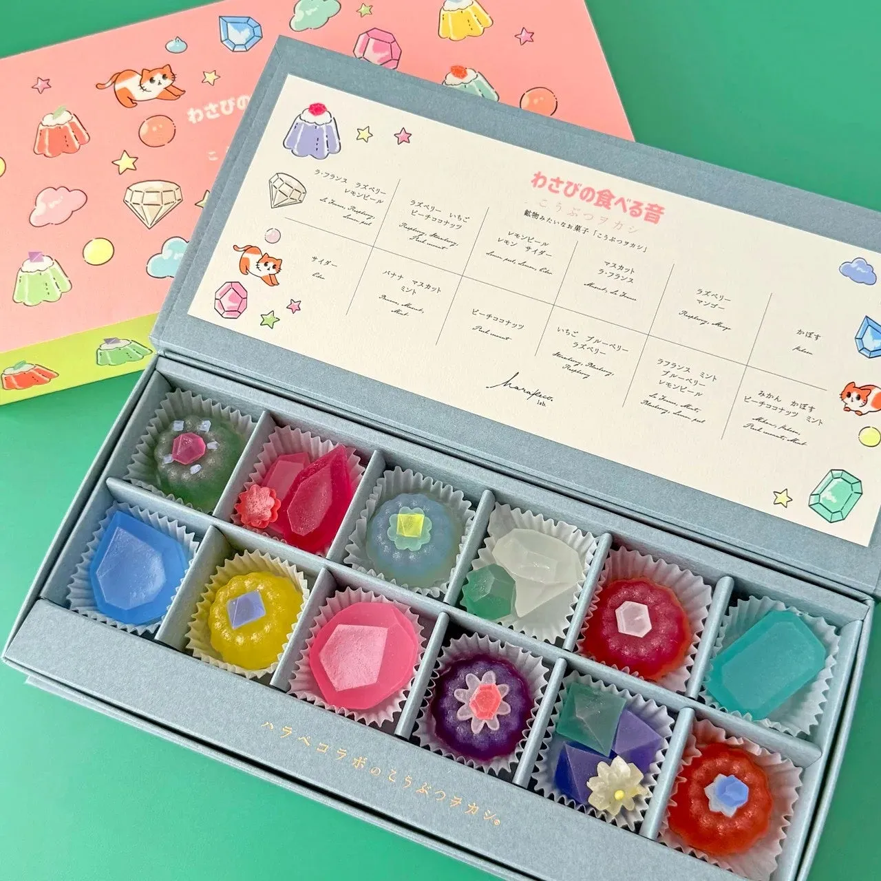 宝石のようなカラフルなゼリーが並んだお菓子の写真。宝石を模した美しいデザインで、それぞれのゼリーには異なるフレーバーが記載されています。パッケージも可愛らしく、プレゼントにも最適なお菓子です。