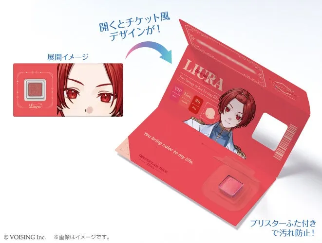赤を基調としたデザインの化粧品のパッケージ。開くとチケット風のデザインで、キャラクターのイラストが描かれている。