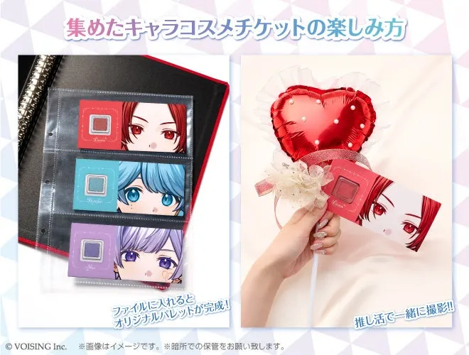 キャラコスメチケットを使った楽しみ方を紹介。ファイルに入れてオリジナルパレットを作ったり、推し活で一緒に撮影する様子。