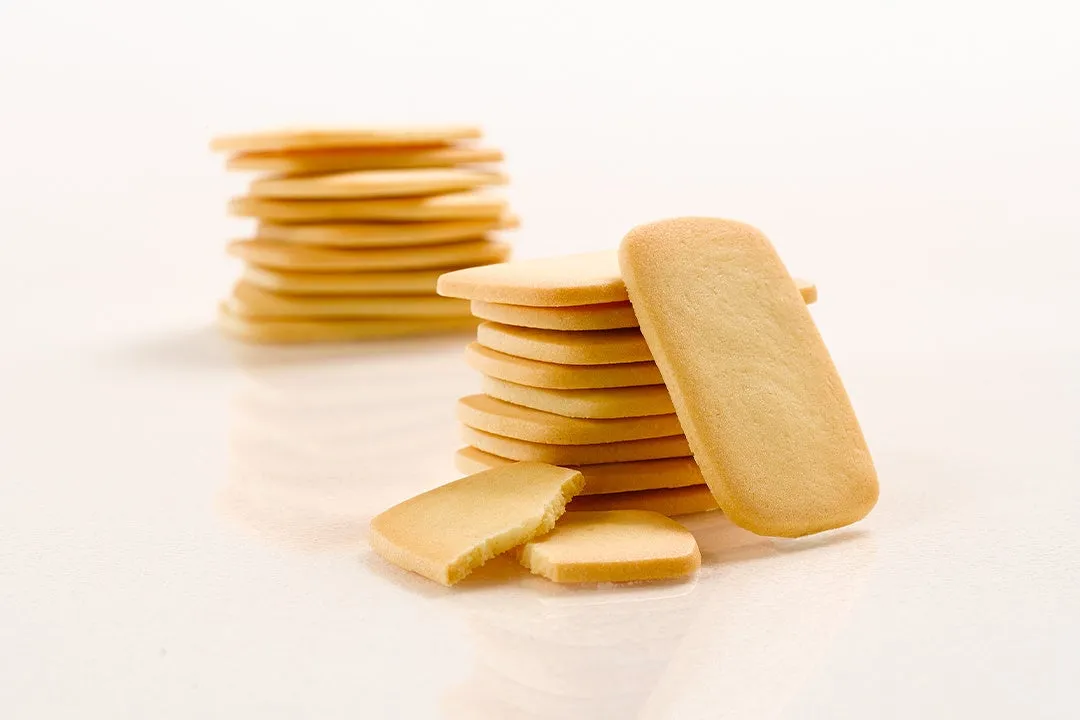 クッキーの集合写真。いくつかのクッキーが積み重なっており、一部は割れている。