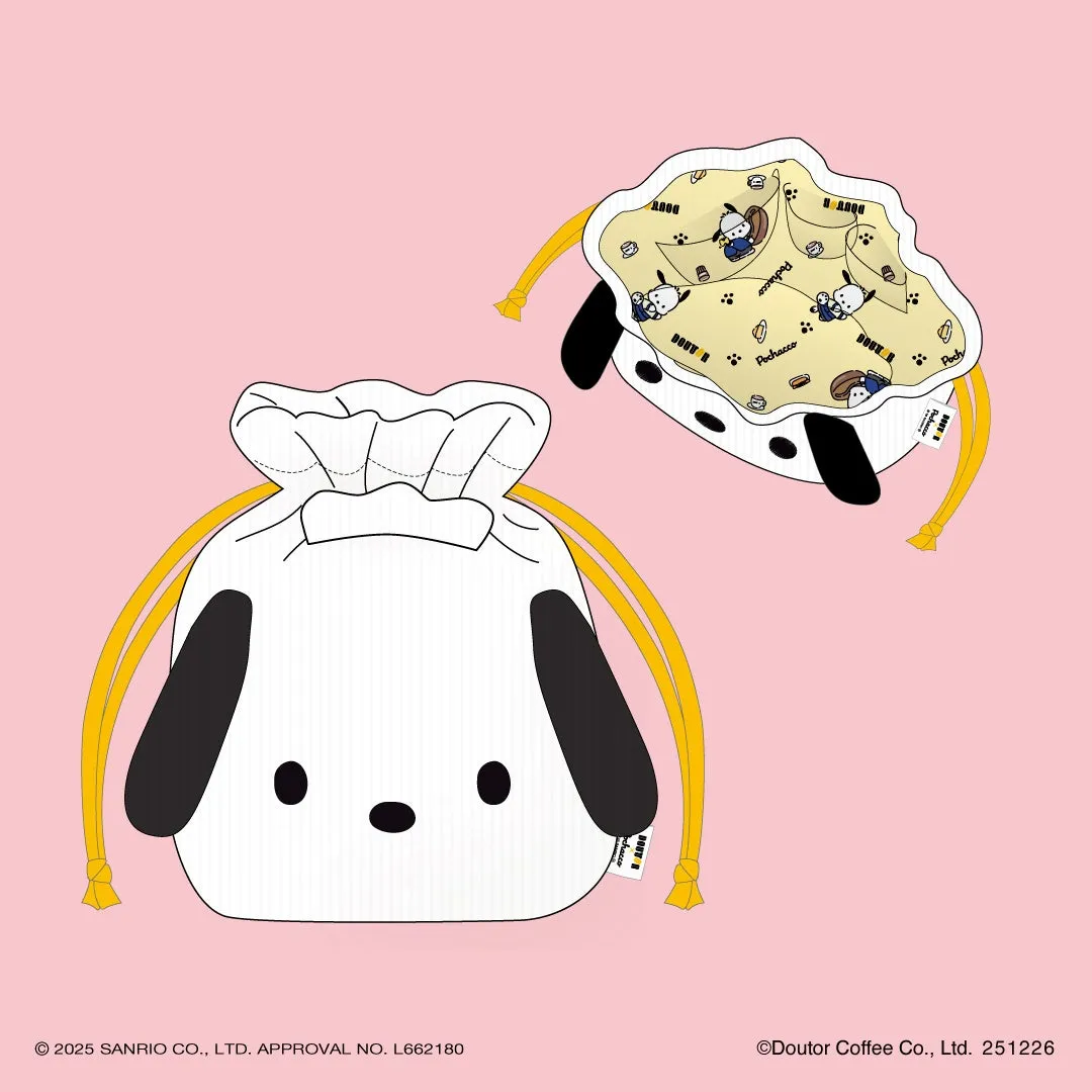 ピンク色の背景に、ポチャッコの顔の形をした巾着袋と、巾着袋に入ったポチャッコの柄の袋が描かれたイラスト。巾着袋は白く、黒い耳と目があり、黄色い紐が付いている。巾着袋に入った袋には、ポチャッコのイラストと「DOUTOR」のロゴが描かれている。