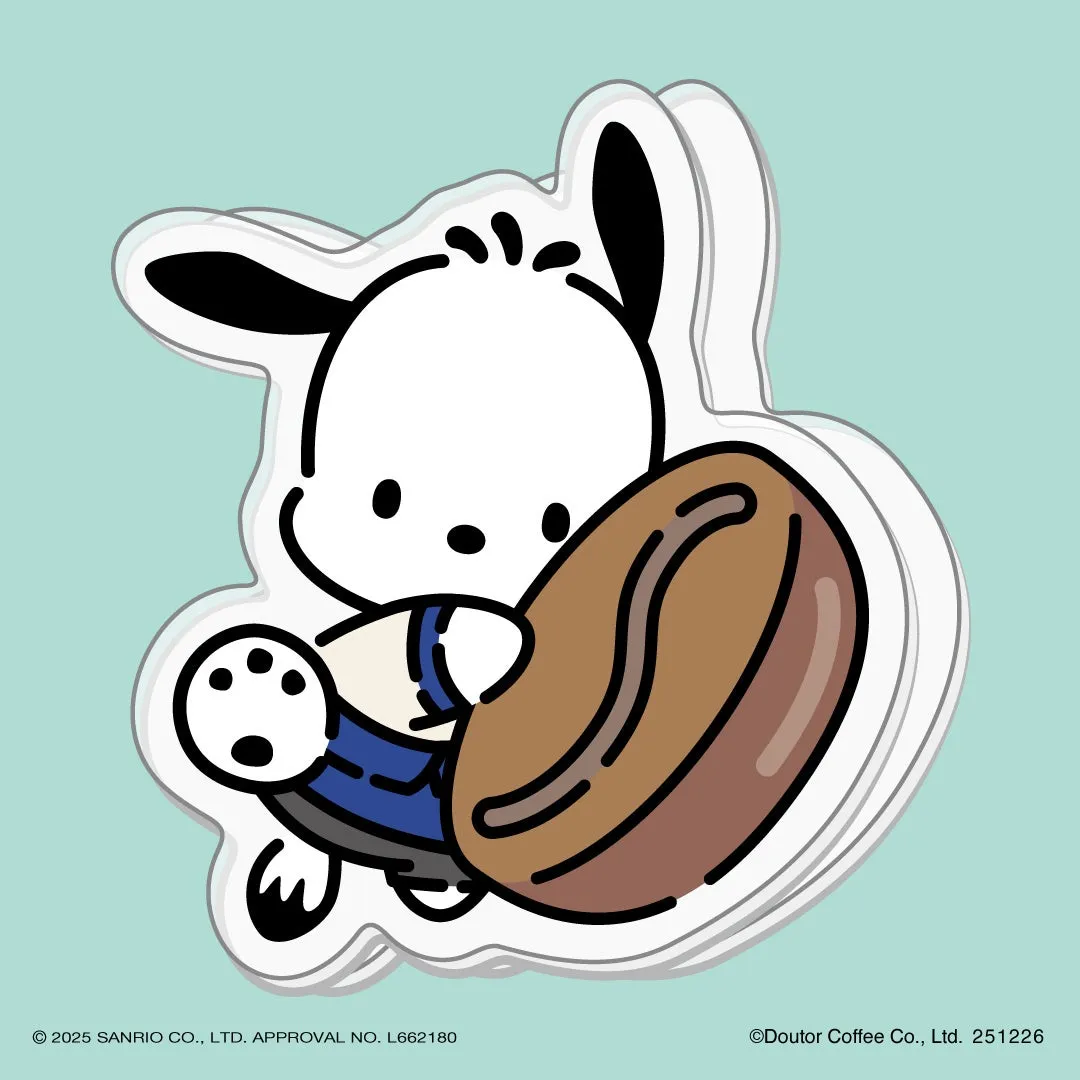 キャラクターがコーヒー豆を抱えているイラスト。キャラクターは白く、青いオーバーオールを着ている。背景は水色。