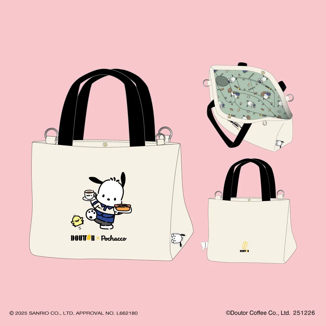 DOUTORとポチャッコのコラボトートバッグの画像です。バッグは前面にポチャッコがコーヒーとホットドッグを持っているイラストが描かれ、DOUTORとPochaccoのロゴが入っています。バッグの内側にもポチャッコのイラストが描かれています。また、Doutorのロゴだけのバッグも描かれています。