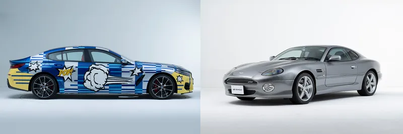 2台の車が写っている画像。左側の車はポップアート風のペイントが施されたBMW、右側の車はグレーのAston Martin。