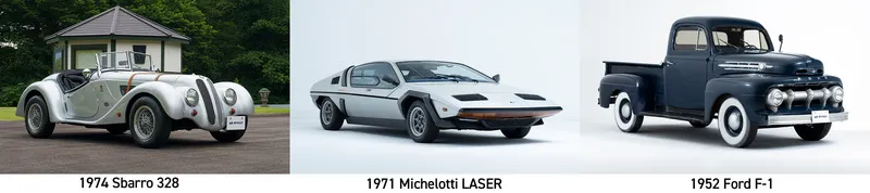 1974 Sbarro 328、1971 Michelotti LASER、1952 Ford F-1
