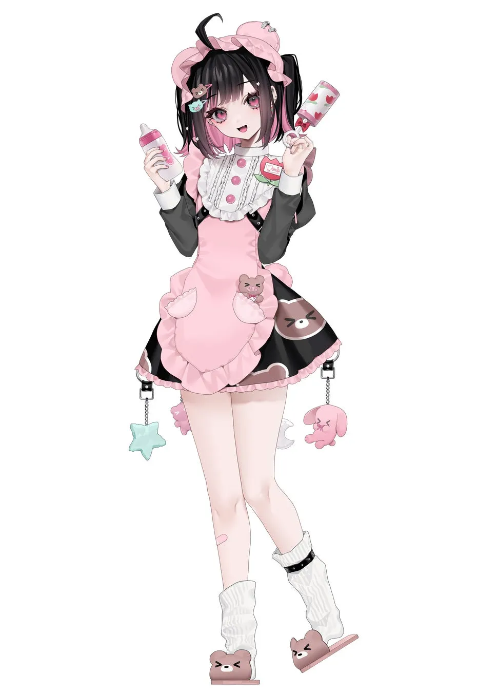 ピンク色のメイド服を着た女の子のイラスト。黒髪にピンクのメッシュが入っており、哺乳瓶とイチゴ柄の容器を持っている。くまやウサギの飾り、星の飾りなど、可愛らしいアクセサリーを身につけている。