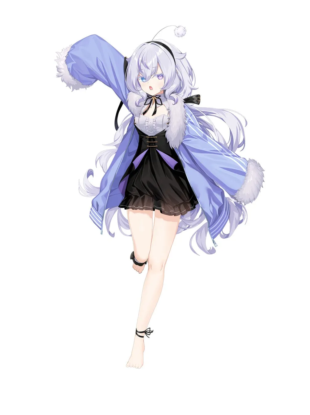 白い髪に青いコートを着た少女のイラストです。彼女は片足を上げ、こちらに向かって走っているように見えます。
