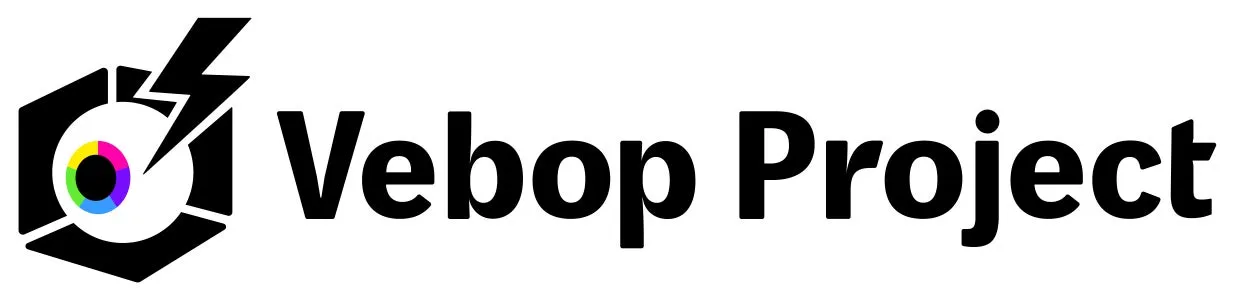 ロゴマーク「Vebop Project」。黒色の六角形と稲妻のアイコン、カラフルな目のデザイン。テキスト「Vebop Project」。