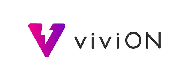 viviONのロゴ。V字の中に稲妻が描かれており、ピンクと紫のグラデーションが特徴的。