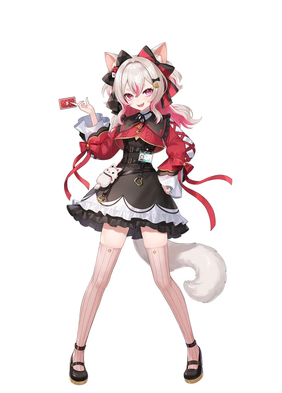猫耳と尻尾を持つ少女のイラスト。赤いジャケットと黒いワンピースを着ており、トランプのようなカードを持っている。白い猫のぬいぐるみも身につけている。