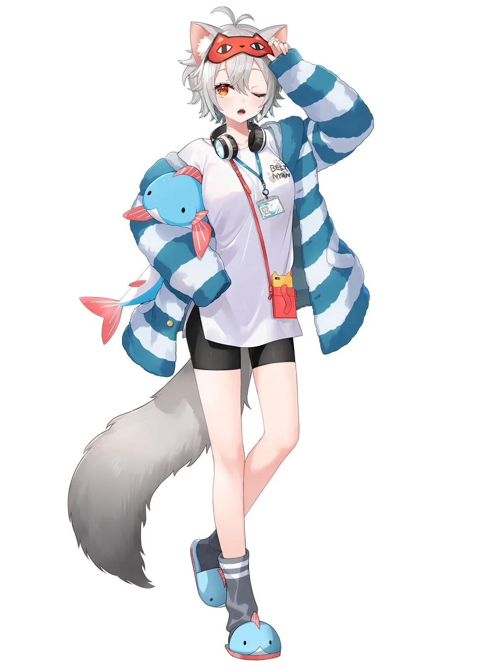 猫耳と尻尾を生やした女の子のイラスト。青と白のボーダーのパーカーを羽織り、魚のぬいぐるみを持っている。赤い猫のアイマスクをつけ、ヘッドホンをかけている。