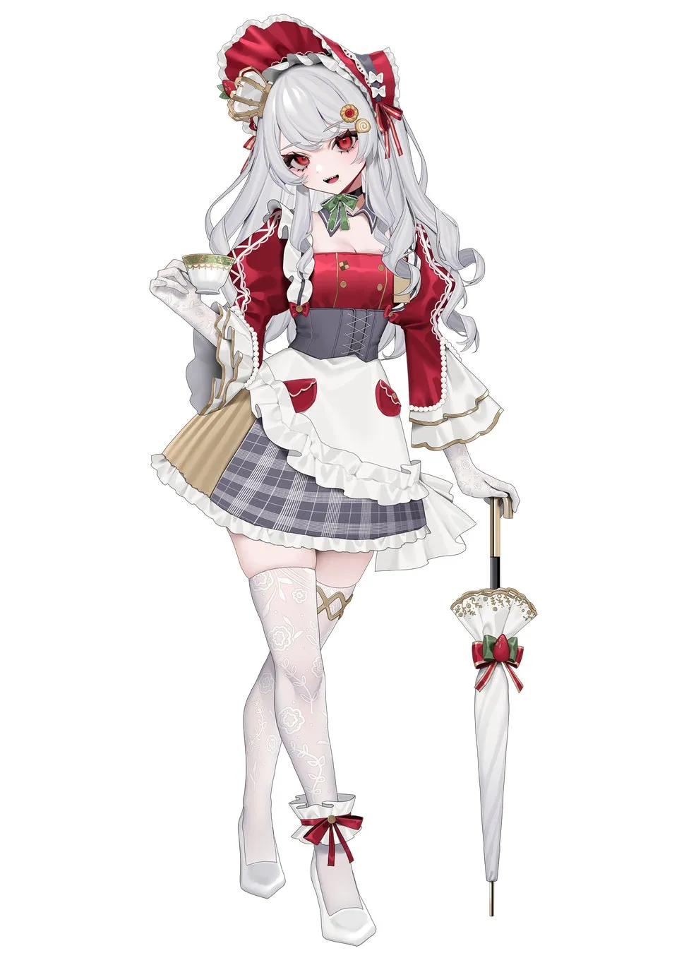 赤い服を着て、白い髪の女性のイラストです。彼女はメイド服のような服を着ており、ティーカップと傘を持っています。