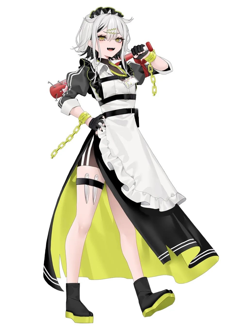 メイド服を着た女性キャラクターのイラスト。バットを持ち、チェーンやナイフといった物騒なアイテムを身につけている。