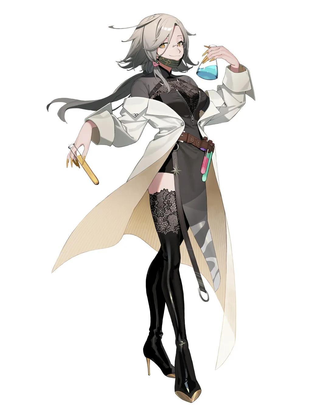 白衣を着た女性キャラクターのイラスト。女性は化学実験器具を持ち、科学者や研究者のような雰囲気。スタイリッシュで魅力的なデザイン。