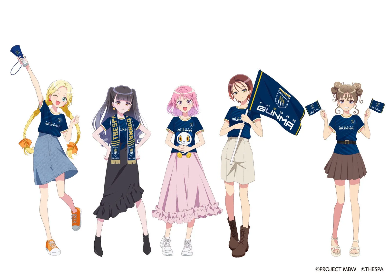 ザスパクサツ群馬ユニフォームを着た5人の女の子のイラスト