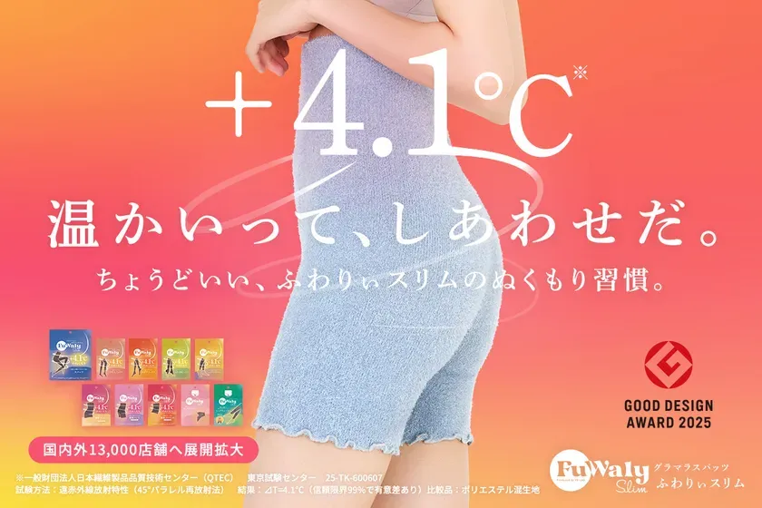 女性が着用している温感ショートパンツの広告。暖かさをアピールし、デザイン賞受賞もアピール。