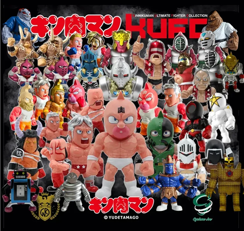 キン肉マンのフィギュアコレクションの画像。様々なキャラクターのフィギュアが写っており、タイトルロゴも確認できる。