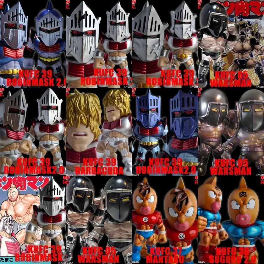 キン肉マンのフィギュアの写真です。ロビンマスク、ウォーズマン、マンタロウなど、様々なキャラクターが写っています。
