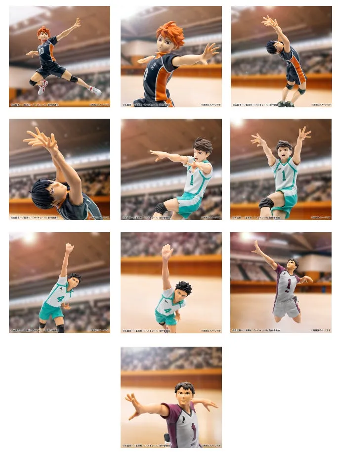 ハイキュー!!のキャラクターのフィギュアが並んだ画像です。それぞれバレーボールのポーズをとっています。