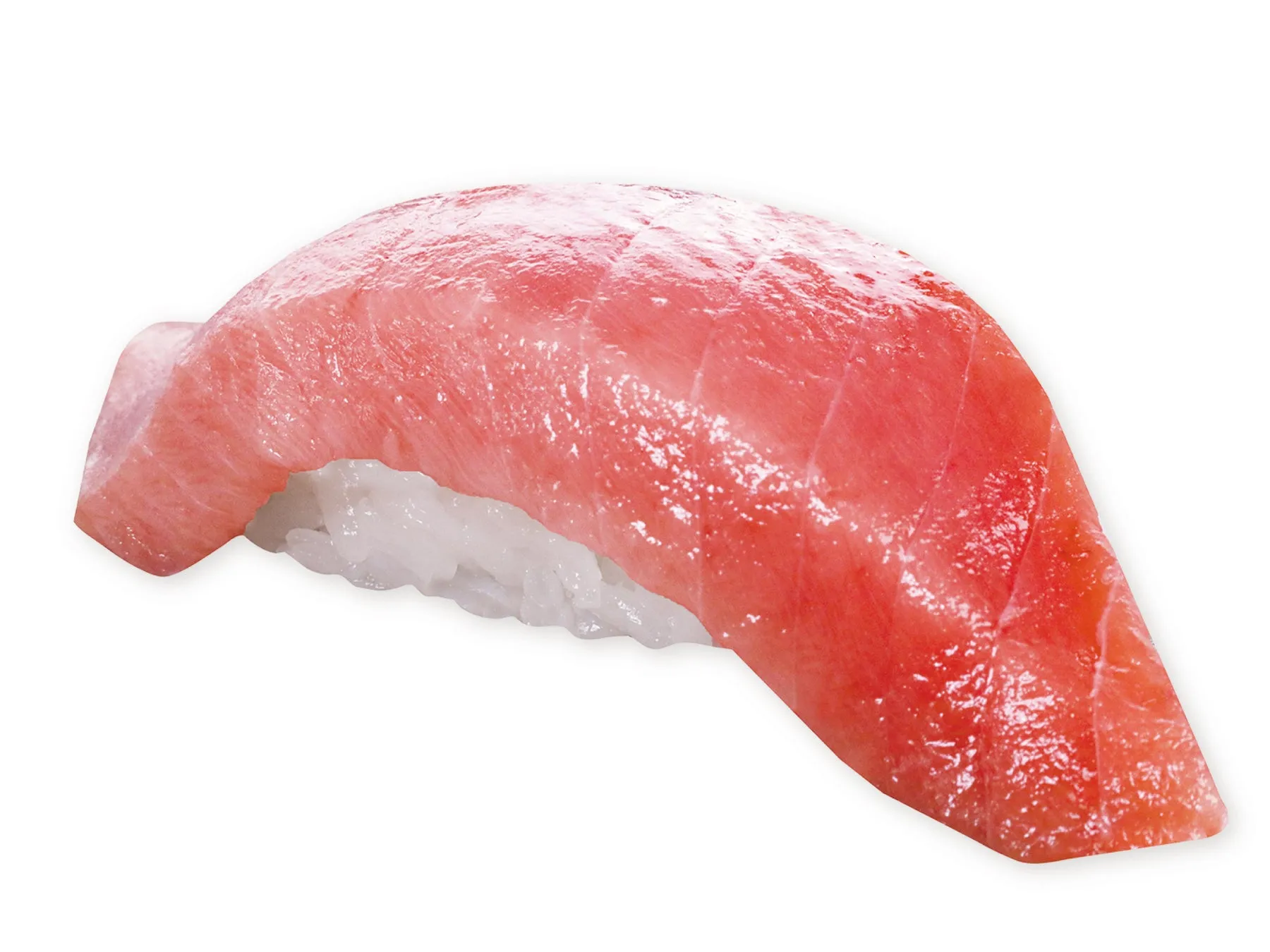 マグロの握り寿司のクローズアップ写真です。白い背景にマグロの赤身が鮮やかに見えます。