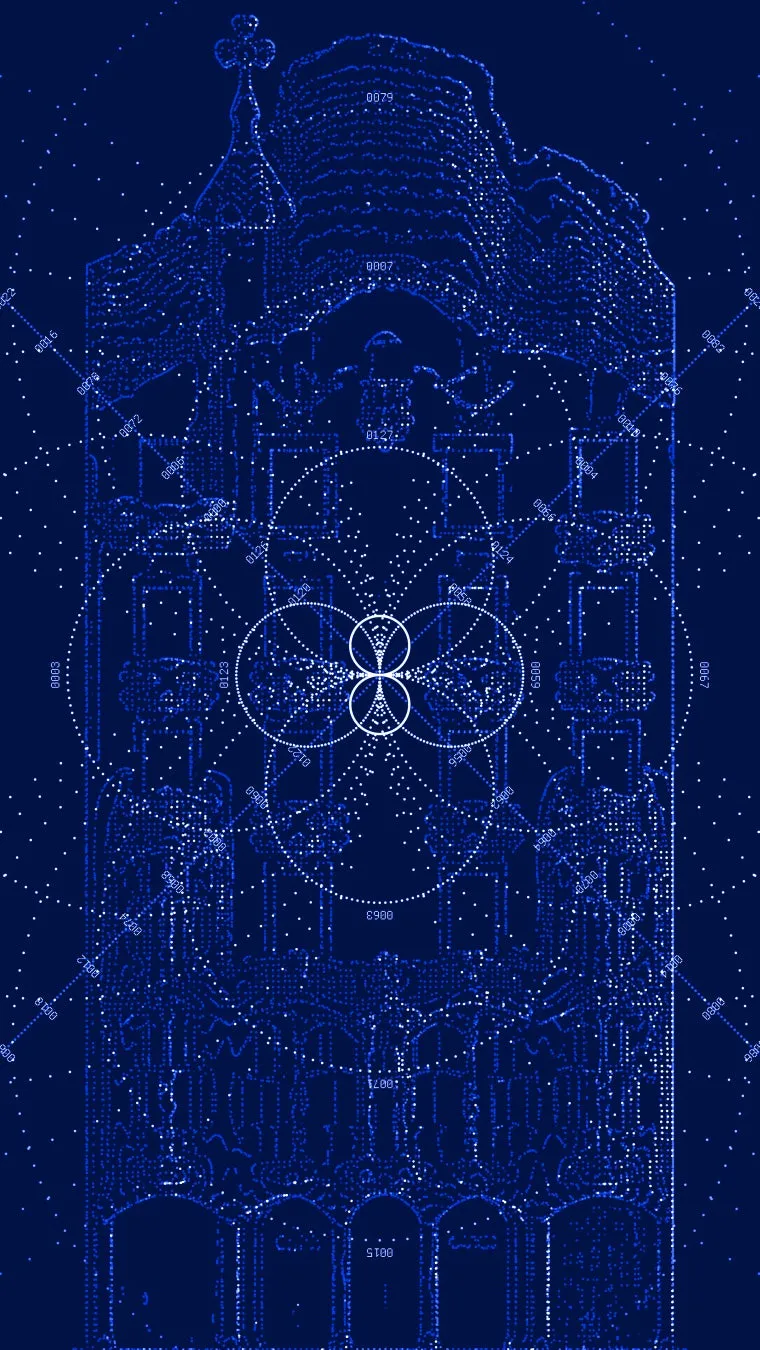 青色の背景に、教会または大聖堂の設計図のような図。