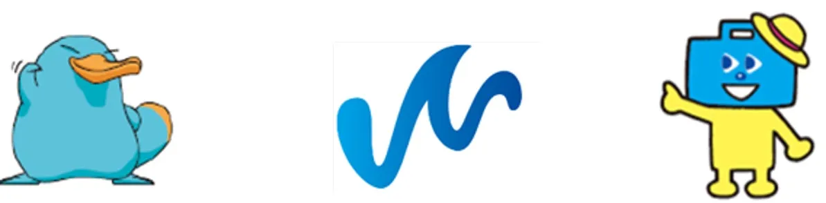 青いカモノハシのキャラクター、青い波のようなロゴ、カメラのキャラクターが描かれた画像。