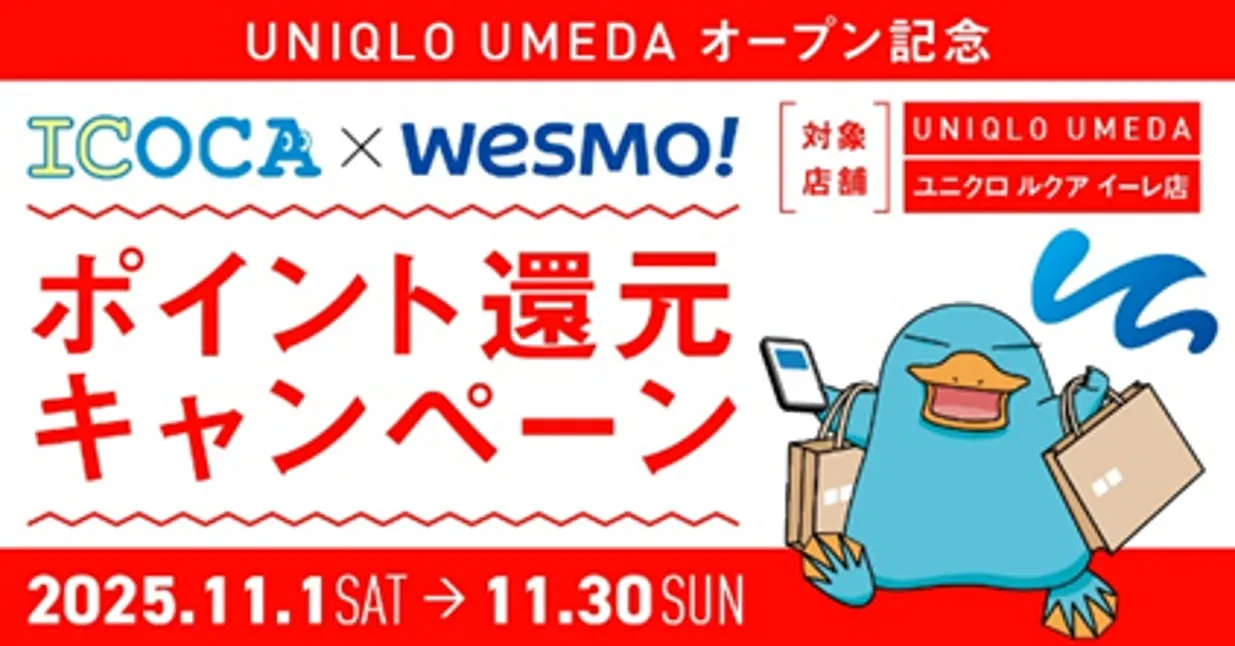 ユニクロ梅田オープンのポイント還元キャンペーンの告知画像。ICOCAとWESMOのコラボレーションで、期間は2025年11月1日から11月30日まで。ユニクロルクアイーレ店が対象店舗。