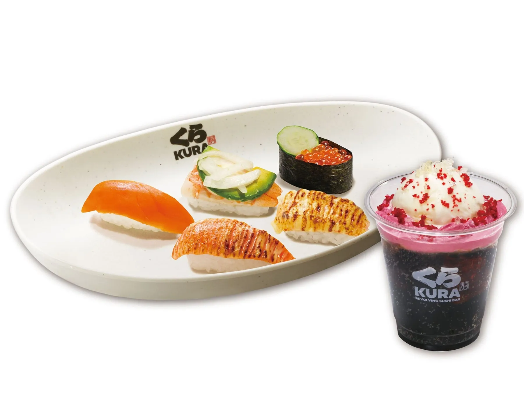お寿司とソフトドリンクが写った写真です。