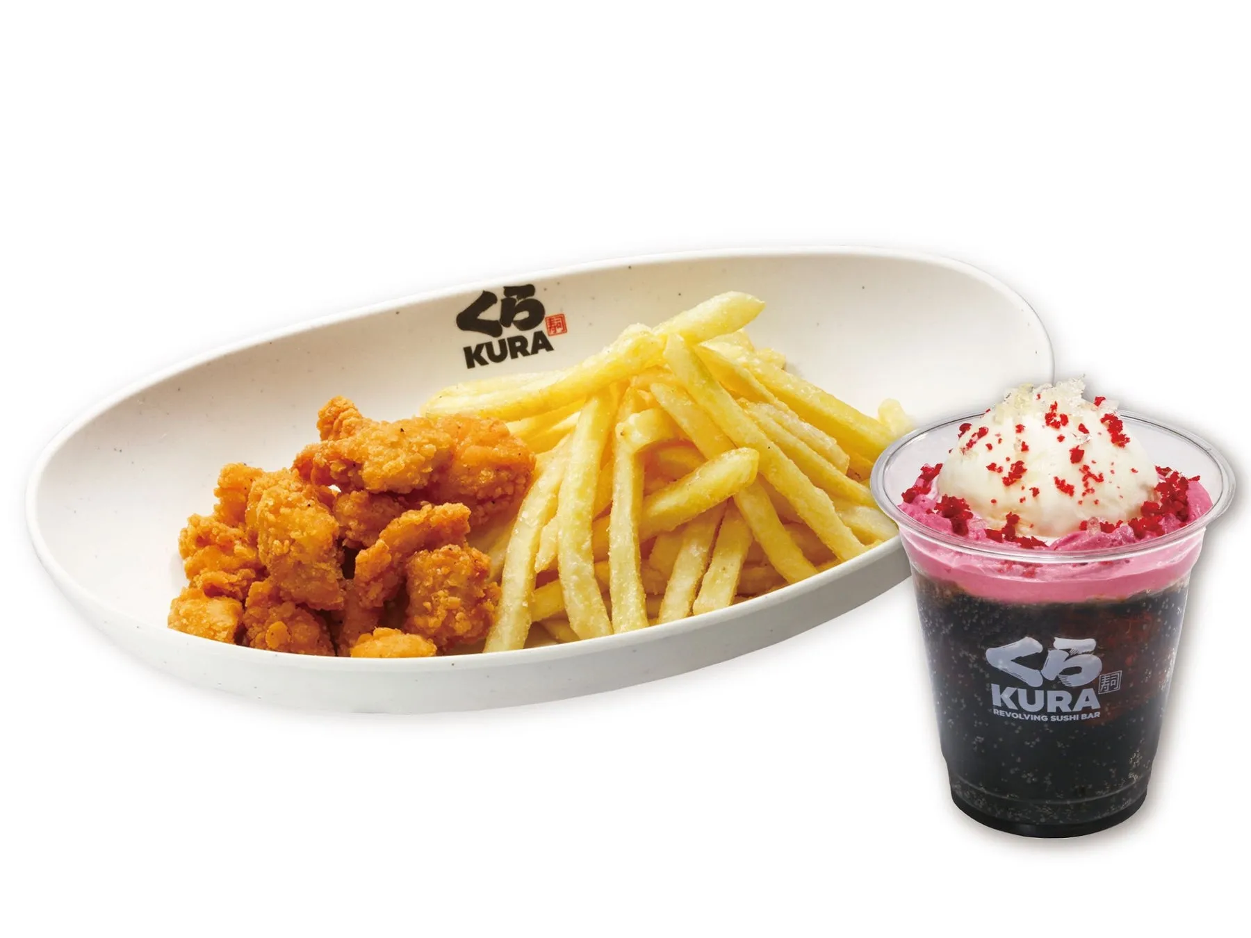 揚げ物とドリンクのセットの画像。揚げ物は、フライドポテトと鶏の唐揚げのように見える。ドリンクは、クリームと赤いトッピングが乗ったソーダ。