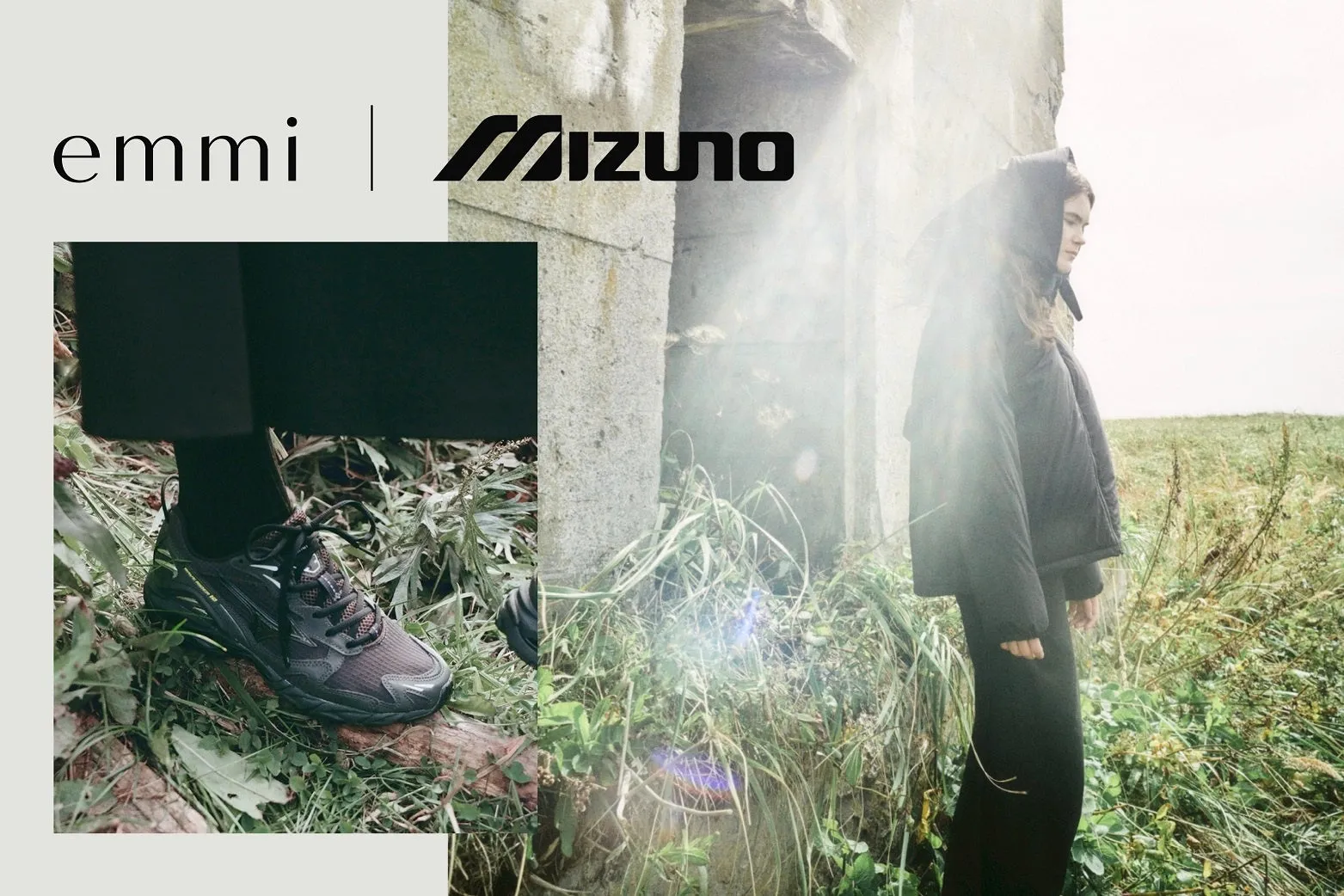emmiとMizunoのコラボレーション広告。女性が黒い服を着て、スニーカーを履き、自然光の中にいる。