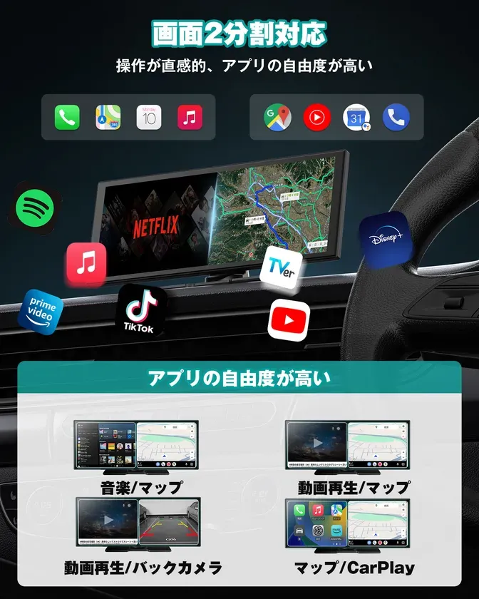 車のダッシュボードに設置されたディスプレイの画像。ディスプレイは2分割表示に対応しており、Netflix、地図、YouTubeなどのアプリを表示可能。アプリの自由度が高いことが強調されている。