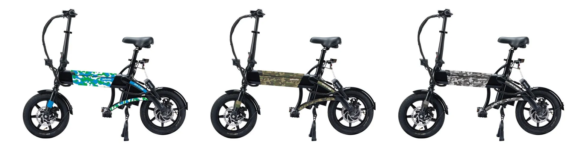 glafit NFR-01の3つの異なる迷彩模様の電動アシスト自転車、折りたたみ可能な構造