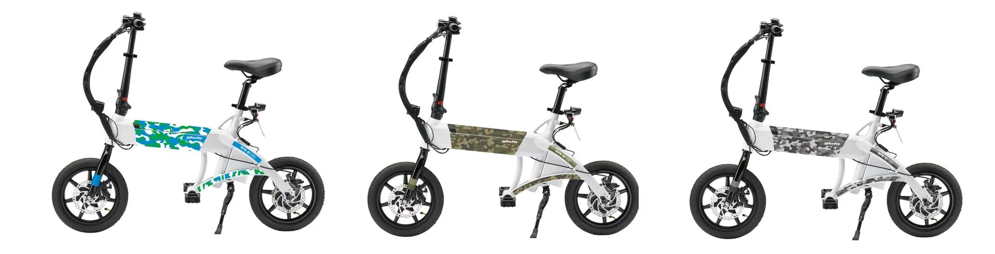 glafit NFR-01の3つの異なるカラーバリエーションの電動アシスト自転車
