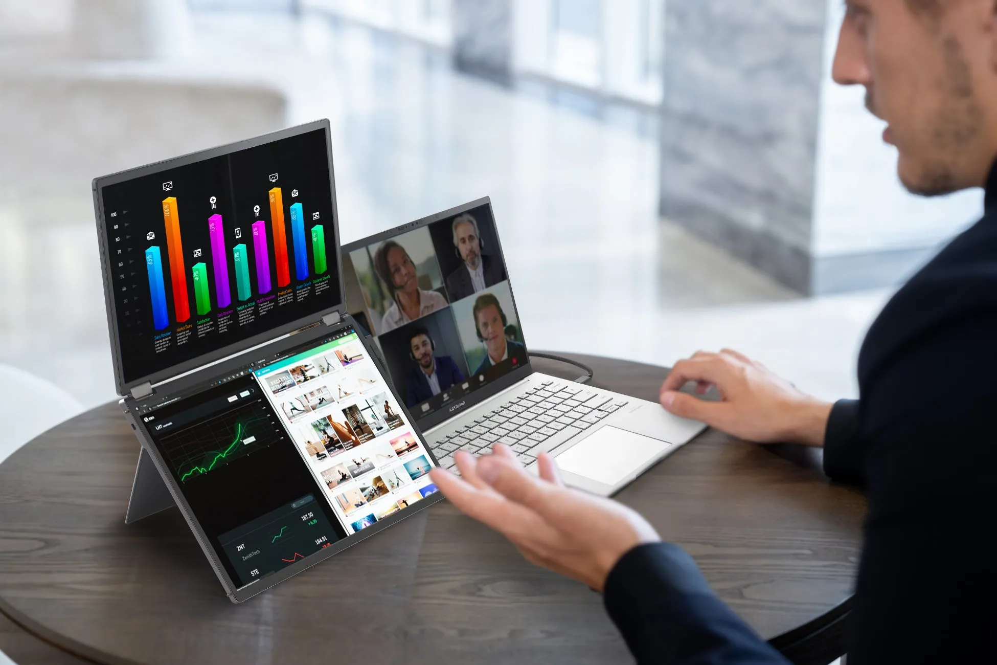 男性が複数のディスプレイを備えたラップトップを使用しており、ビデオ会議に参加したり、グラフを表示したりしている様子