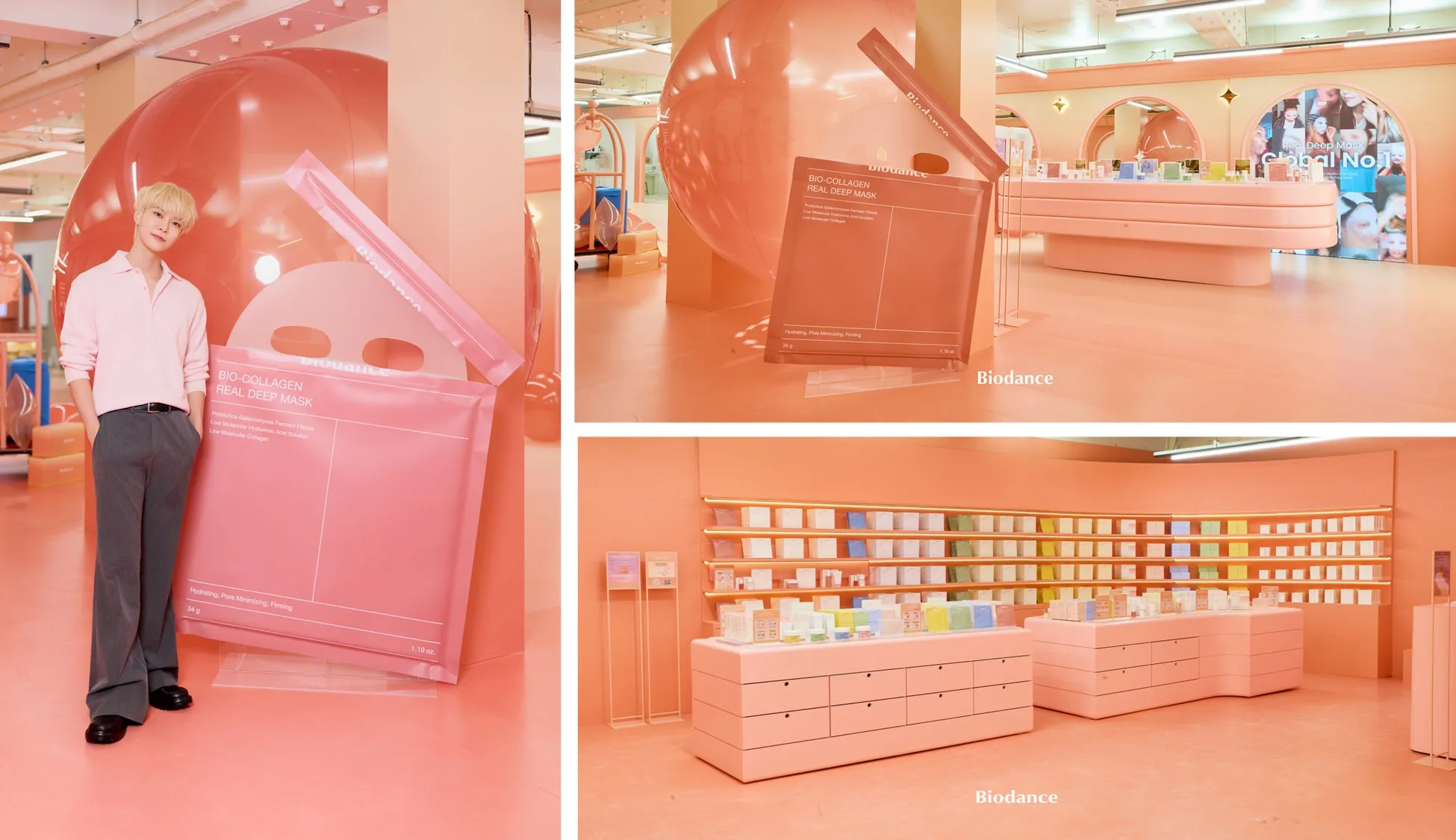 BIO-COLLAGEN REAL DEEP MASKの広告画像。ピンク色の内装の店内で、男性モデルがマスクを持ち、製品をアピールしている様子が写っている。製品パッケージには、保湿、毛穴ケア、引き締め効果があることが記載されている。